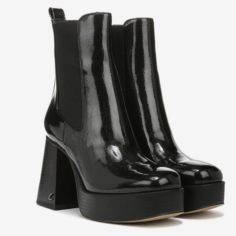 Circus by Sam Edelman black, shiny, square toe block heel pull on boots, new